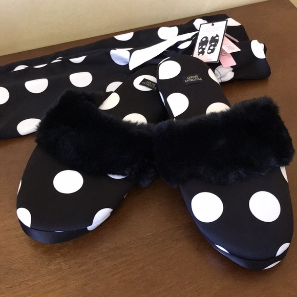 Victoria's Secret Shoes - NWT Victoria's Secret Black and White Polka Dot Satin Slippers Size 7-8